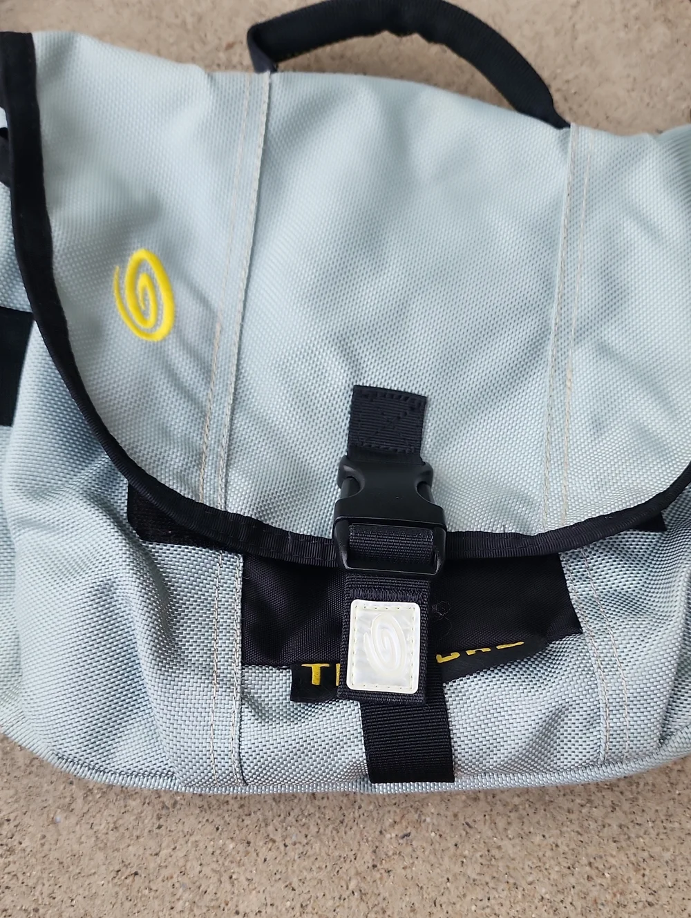 Timbuk2 Light Gray Messenger Bag with Black Trim and Yellow Logo